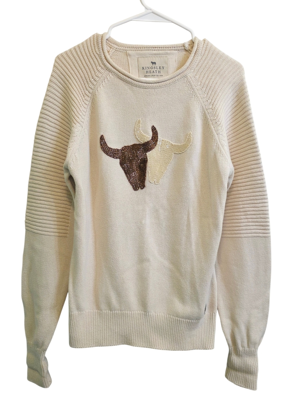 Kingsley Heath Duo Luxe Skull Pullover Knit Ivory Embellished Sweater Size M EUC